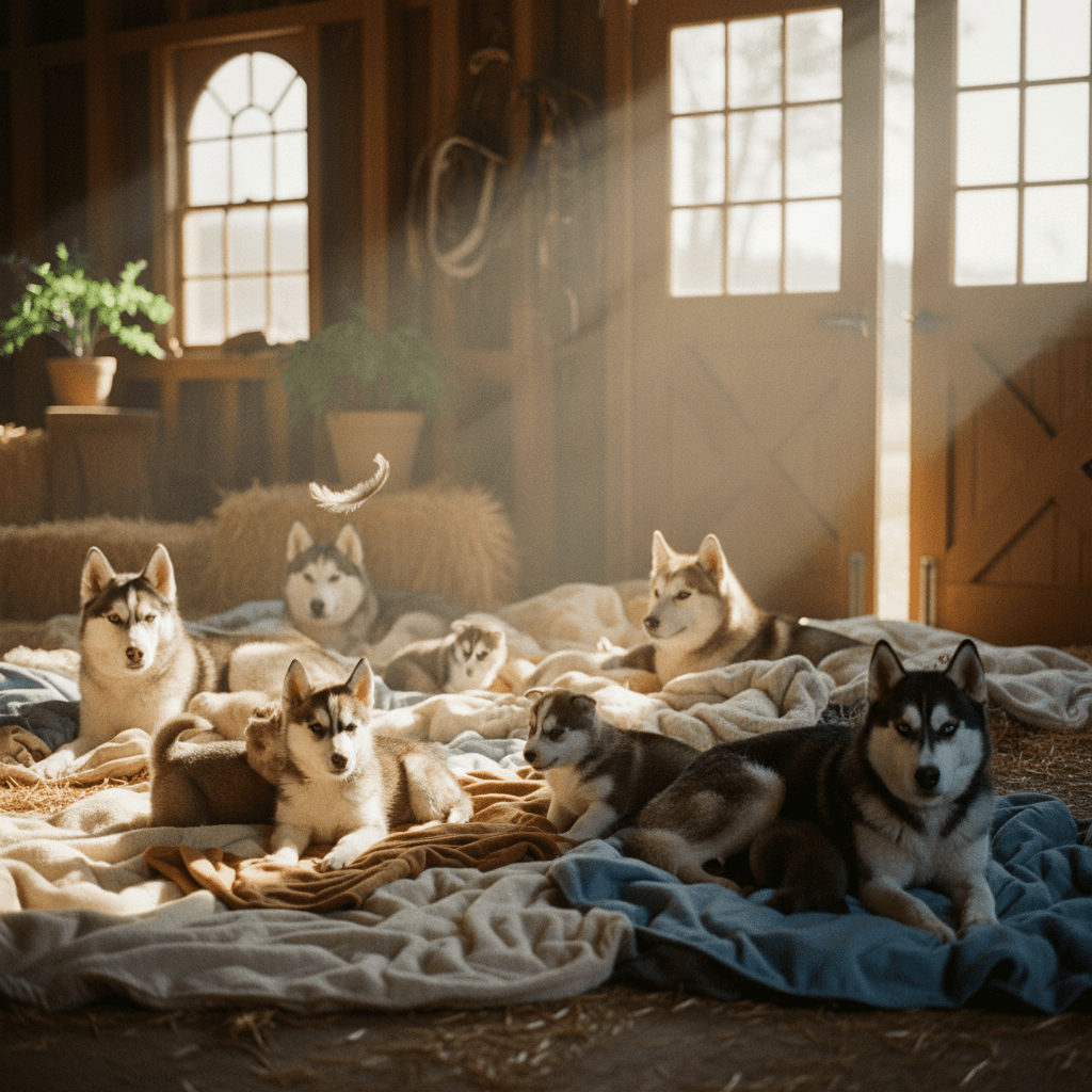 Recently adopted huskies celebrating their forever homes