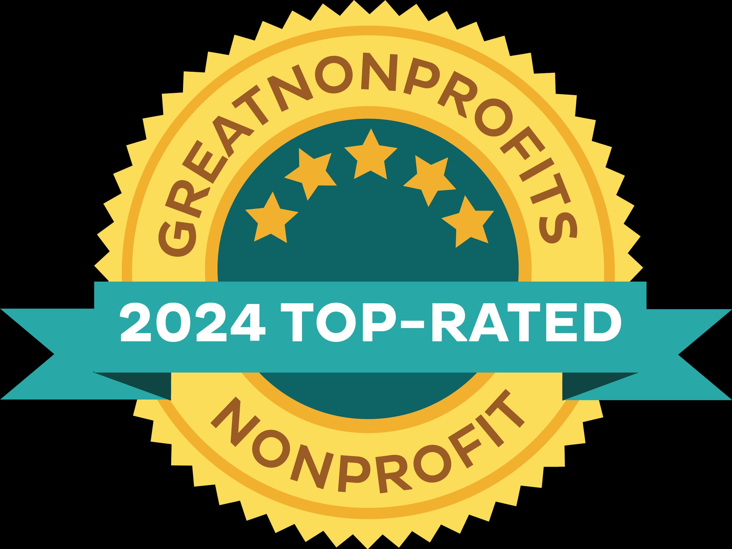 GreatNonprofits 2024 Top-Rated Nonprofit gold and teal badge with five stars