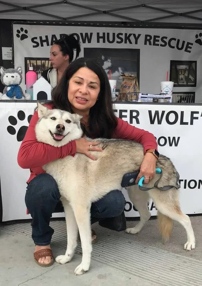 A woman warmly embraces a smiling gray-and-white Husky in front of adoption banners