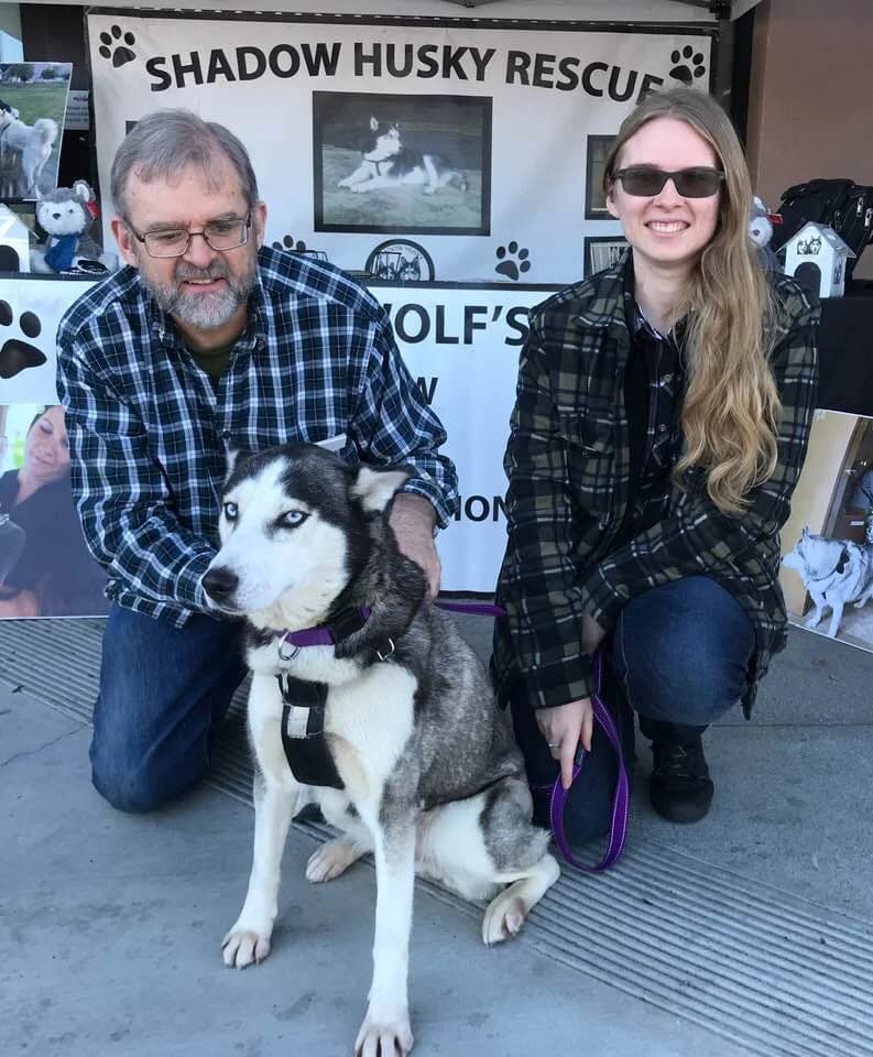 A father and daughter crouch beside a dark gray-and-white Husky at the Shadow Husky Rescue adoption event