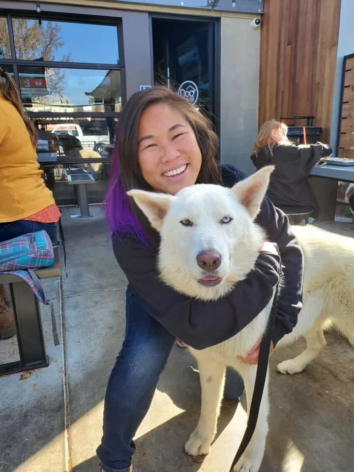 A cheerful young woman with purple-streaked hair hugging a beautiful white Husky outdoors
